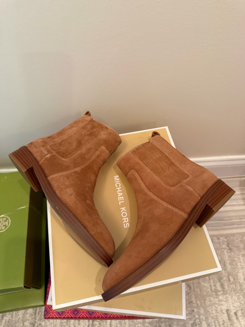 Michael Kors Cognac Suede Ella Flat Booties